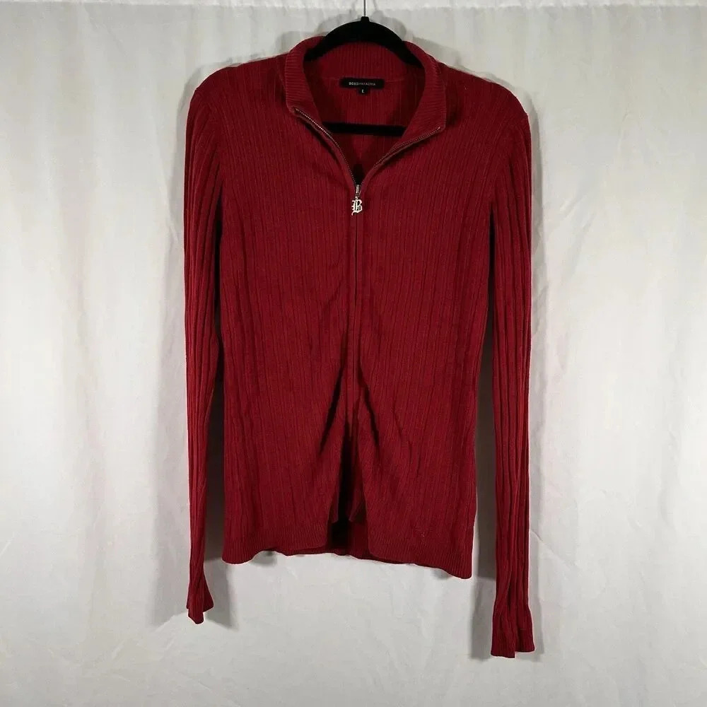BCBG Maxazria Sweater Women's Large Solid Red Ribbed Full Zip Long Sleeve